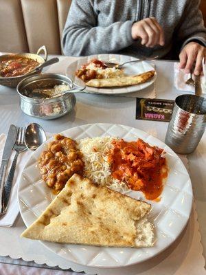 Butter chicken, Chana masala, and butter naan