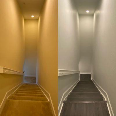 Before & after, second floor hallway/stairs and painting