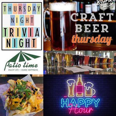 It's time for #trivia & #thirstythursday from noon-9pm with #happyhour 4-6pm, Trivia at 7pm