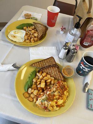 Omelet and Maria's Breakfast with home fries plus avocado subbed instead of sausage. SUPER YUMMY SALSA