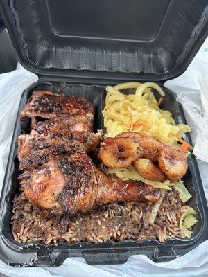 Jerk chicken, rice and peas, cabbage with plantains