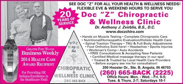 Dr. Anthony Zvirblis, (Doc "Z") of Doc Z Chiropractic is a former Award winning recipient for his EXCELLENCE IN CHIROPRACTIC & Health Care!