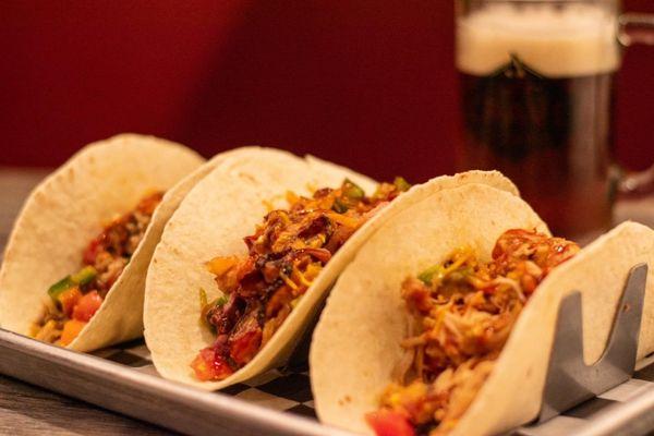 BBQ Taco Trio! 1 pulled chicken, 1 pulled pork, and 1 smoked brisket! Only $2.99 each taco on #TacoTuesday!