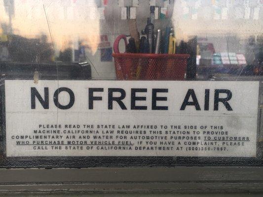 In CA you are allowed air with purchase per the law. Most stations just let you use it regardless this one doesnt 800 3567057 Dept Food Agr