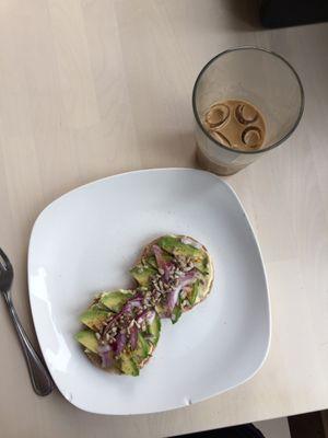 vegan cashew cream cheese bagel and cold brew