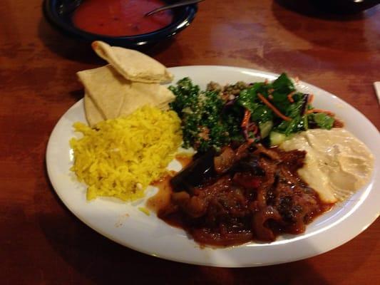 Eggplant moussaka, saffron rice, hummus, tabouli