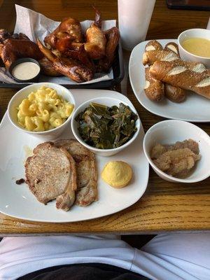 Mac and cheese, collard greens, and pork chops with apple chutney