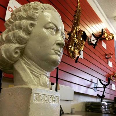 Bach watches over the shop.