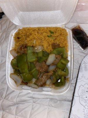 Pepper steak with pork fried rice (combo comes with 2 crab Rangoon)