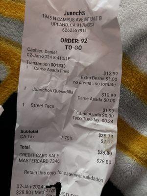 The receipt showing my "asada" fries