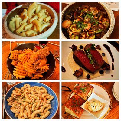 Kids pasta, Brussel sprouts, Kids Fried Catfish and fries, venison special, shrimp rigatoni, chive biscuits