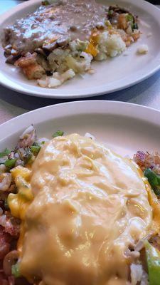 Everything hashbrowns... one with hollandaise and one with sausage gravy.