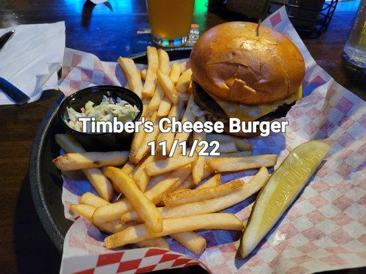 Cheese Burger with cheddar cheese, frenchfries.