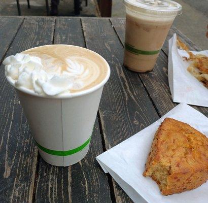 Carmel latte and bacon cheddar scone