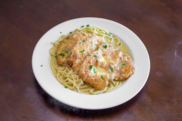 Chicken francese over spaghetti