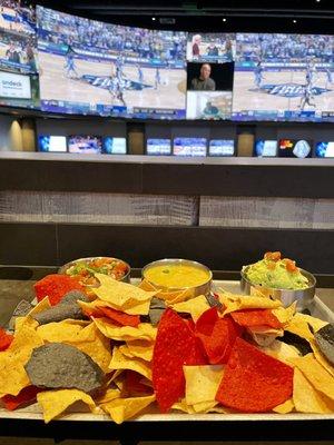 Chips with pico, queso, and guacamole