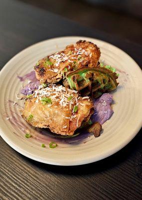 Chicken & Waffles - pandan waffles, ube cream filing, sweet fish sauce fried chicken, crisp coconut flakes, ube syrup