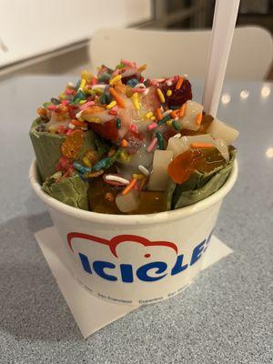 Matcha Berry with fruity pebbles, rainbow jelly, rainbow sprinkles, strawberries, and condensed milk