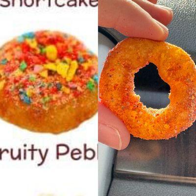 The pic on the left is what's advertised and the one on the right is what we got.  Terrible, greasy, expensive donuts.