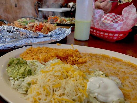 Fajita fixings (rice, beans, cheese, sour cream, guacamole, lettuce