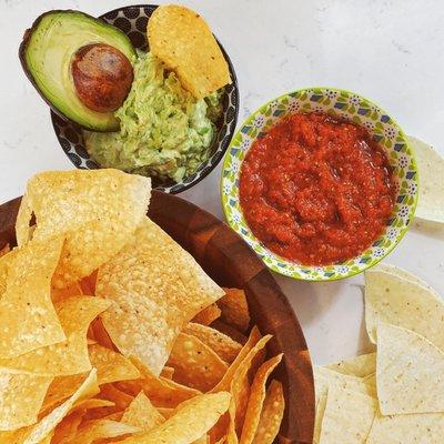 Chips, scratch salsa and fresh pressed guacamole!