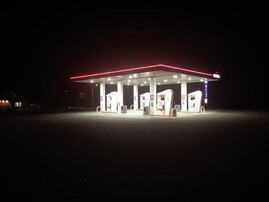 Gas pumps looking like an international galactic fueling station.