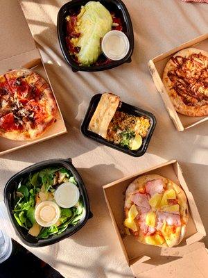 Crispy artichoke salad, Petite wedge, Mexican street corn, Kids Hawaiian pizza, mushroom pepperoni sausage pizza, original bbq chicken pizza