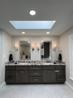 Lighting added to a bathroom remodel completed by Infinite Electric!