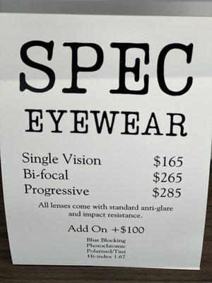 Simple package pricing for SPEC Eyewear line