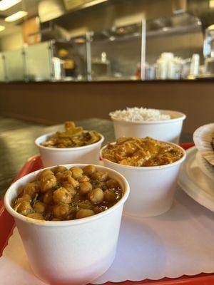 Channa Masala, chicken tikka masala, and mushroom masala.