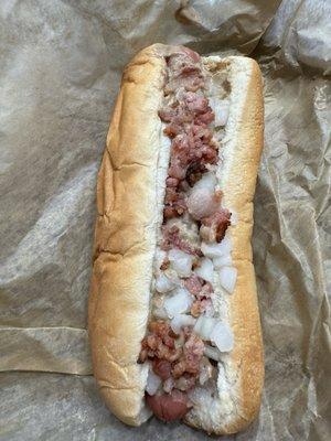 Reg. Dog with bacon and onion and stadium mustard