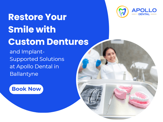 At Apollo Dental in Ballantyne, we offer high-quality dentures and implant-supported dentures to restore your smile and chewing function