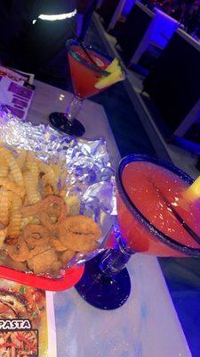 Same Fried calamari w/ fries & two strawberry margaritas