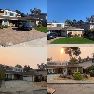 Before and after paver driveway and turf in Foster city, Ca.