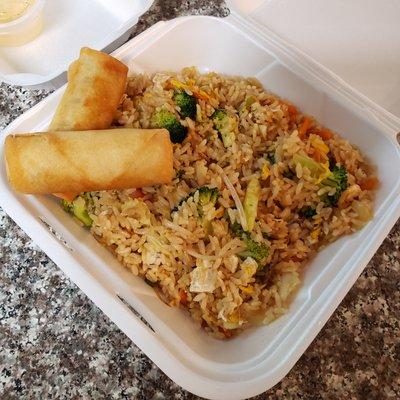 Vegetable fried rice and spring rolls