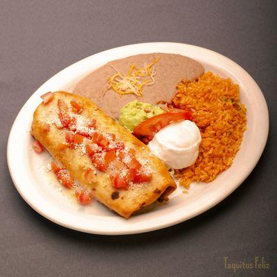 Chimichanga with your choice of meat, side of rice and beans and a scoop of sour cream and guacamole.