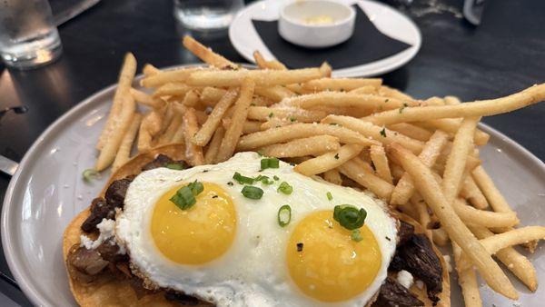 Steak and Egg Tacos with a side of Truffle Fries