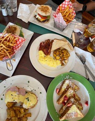 Classic egg Benedict, French toast, brunch burger, house scramble with bacon and white toast