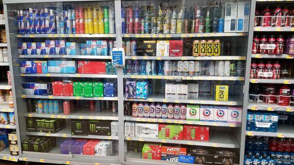 Wow! That many people steel energy drinks to the point that you need to have an employee open a cabinet.