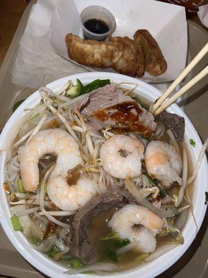 P1 P1. Pho Dac Biet (add shrimp) & A7 Fried Gyoza