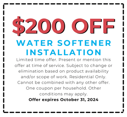 $200 Off Water Softener Installation
Expires October 31, 2024