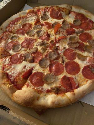 Large pepperoni and sausage with extra cheese!