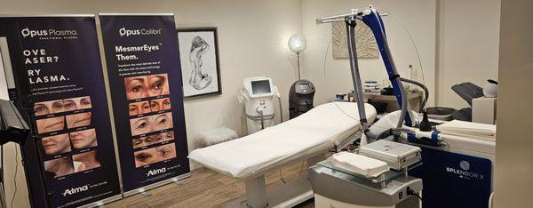 Treatment room. Lumenis Splendor X for laser hair removal. Alma Opus for skin resufacing. Lumenis Steller M22 for IPL