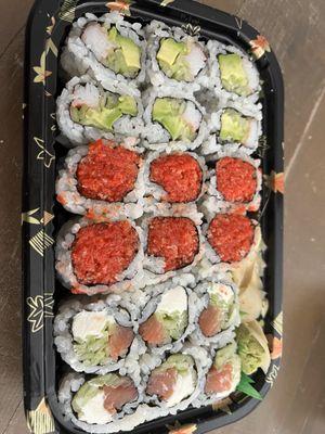 Top - California Cooked Roll Middle -Spicy Tuna Raw Roll Bottom- Philadelphia Raw Roll