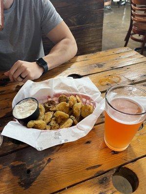 Fried pickles and jalapeños w/ Goat Island Blood Orange beer.