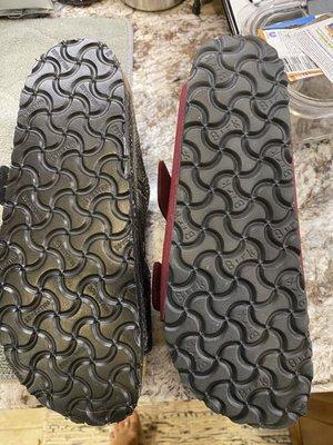 The photo on the left is the WALKBASE ( slippery plastic) bottom and the right is a BIRKS ( dense rubber) bottom.