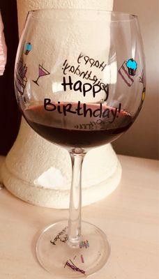 It's my birthday and enjoying good wine. :) In my b-day glass :)