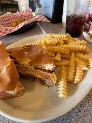 Rusty nail burger with crinkle fries