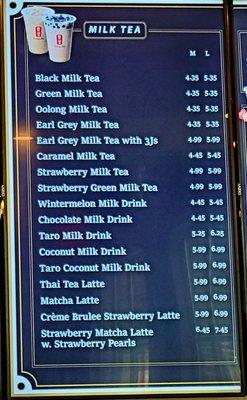 Milk tea menu