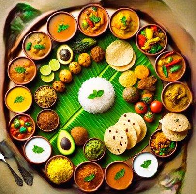 South Indian Vegetarian Thali with White Rice
Sambar
Garlic Rasam, Cabbage kootu,sundal,buttermilk,pickle, kesari